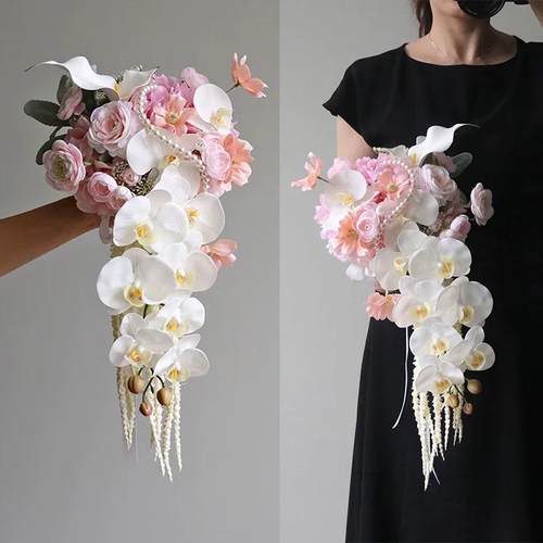 手捧花假花 瀑布水滴款新娘花束 结婚摄影仿真花家居台面摆放桃红