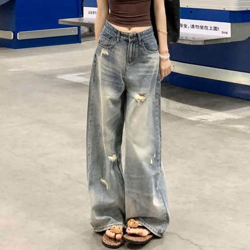 浅色破洞牛仔裤女装大码梨形直筒宽松高腰设计感磨破胖mm拖地裤子,女装/女士精品,大码裤装,淘宝优惠券,粉丝福利购,淘宝优惠卷