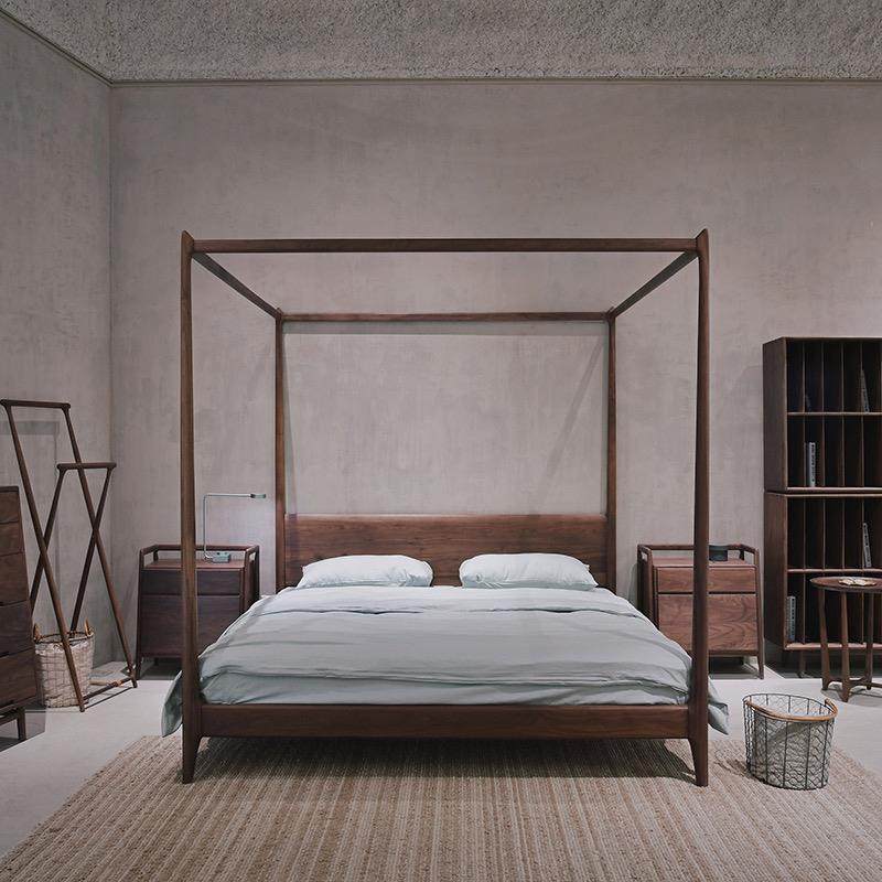 新中式黑胡桃架子床实木双人现代简约四柱床主卧轻奢民宿客栈拔步