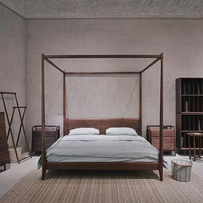 新中式黑胡桃架子床实木双人现代简约四柱床主卧轻奢民宿客栈拔步