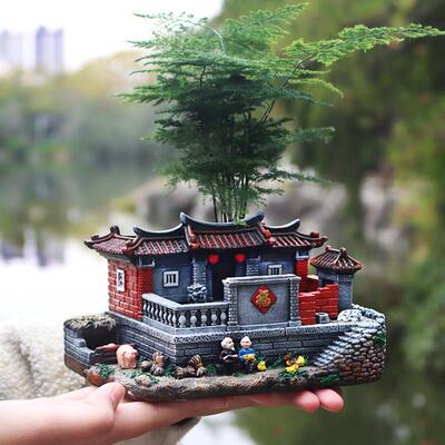 创意客厅微景观建筑摆件桌面造景室内怀旧覆古房子花盆模型装饰品