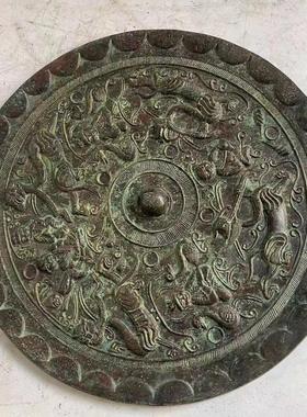 仿古青铜器风水老摆件古玩包老做旧古董镇宅纯铜海兽镜错银古铜镜