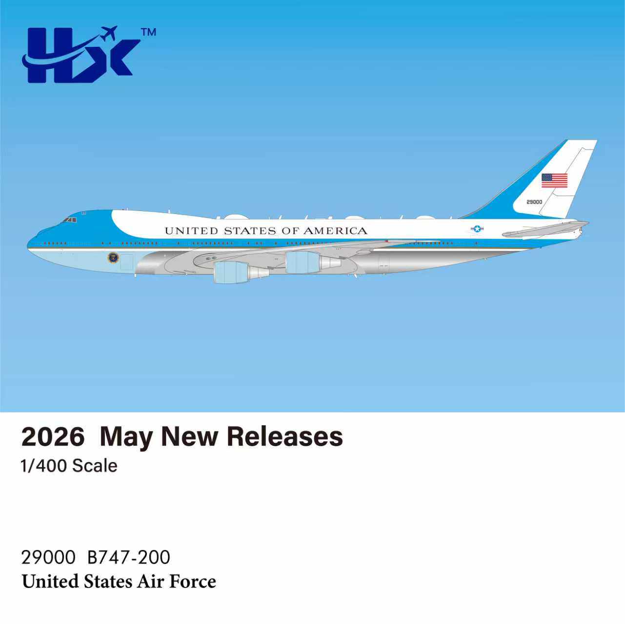 HX Models 美国空军一号 波音B747-200 29000 合金飞机模型1/400