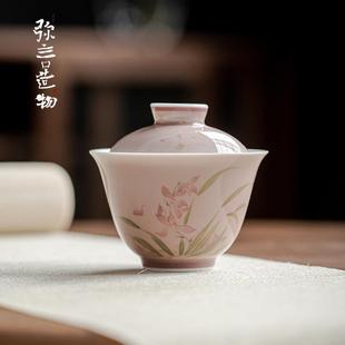 纯手工薄胎陶瓷大号功夫泡茶碗单个 弥言白瓷手绘兰花盖碗茶杯套装