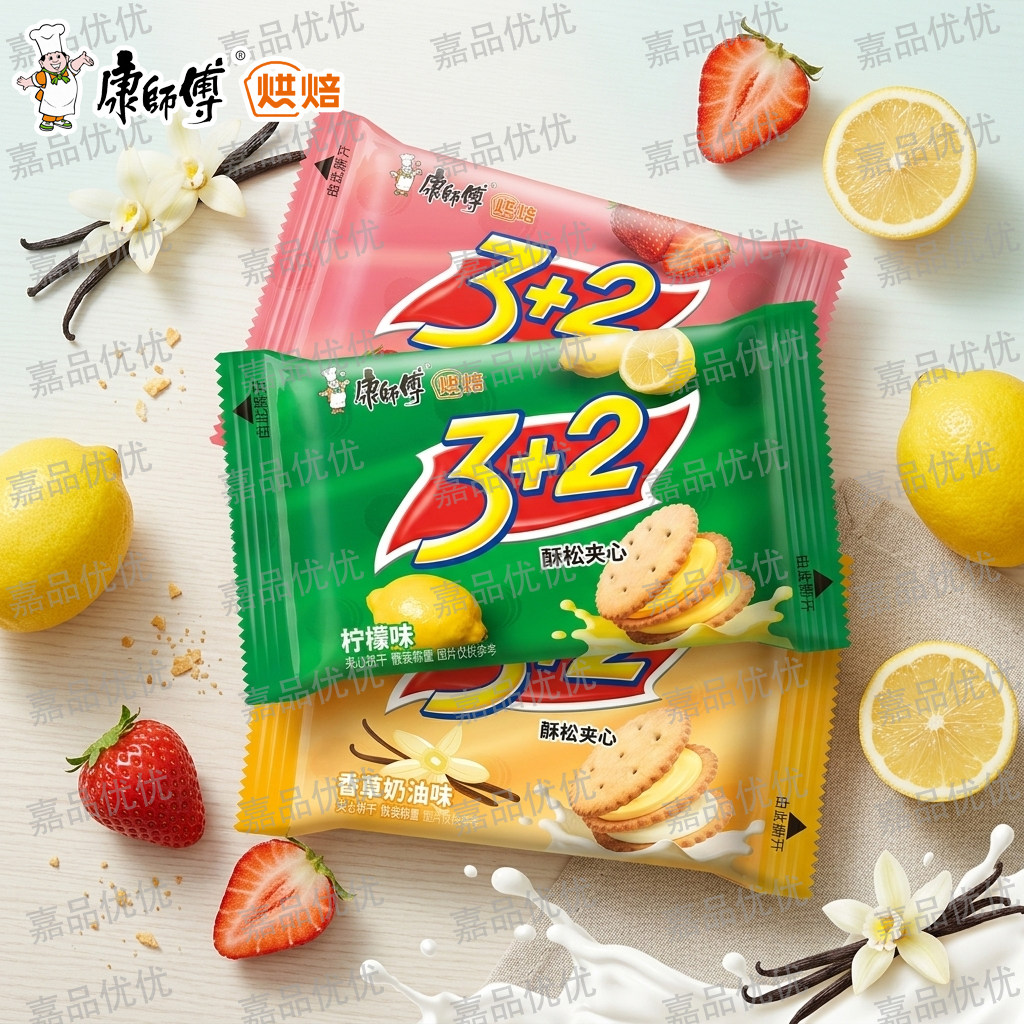 康师傅3+2酥松夹心饼干3加2柠檬香草莓散装饼干早餐休闲零食批发
