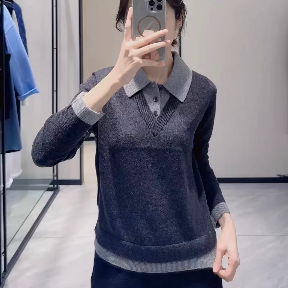 阿玛施气质翻领撞色针织衫女毛衣