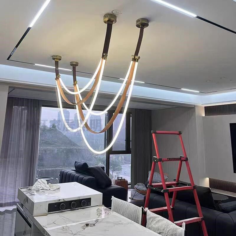 极简线条皮带灯设计师样板房挑空客厅loft复式楼别墅楼梯间吊灯