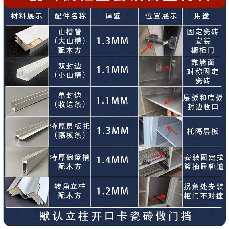瓷砖整体橱柜全套配件封边条砖夹?具车白色铝合金材料瓦斯炉立柱