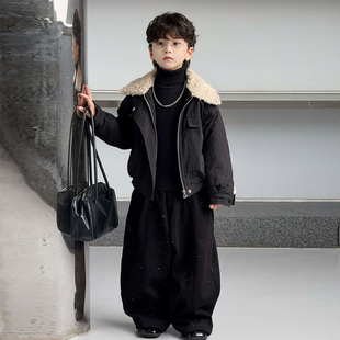 潮帅气时髦男宝宝加绒加厚皮衣儿童炸街套装 男童外套2025新款 冬装
