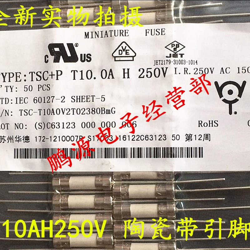 网红陶瓷保险丝 T10AH250V T10A 5x20mm慢断带引脚线电磁炉专用