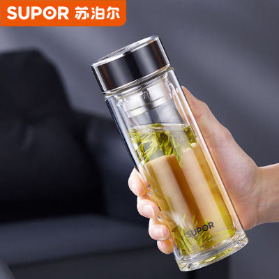 苏泊尔双层隔热滤网玻璃茶杯车载