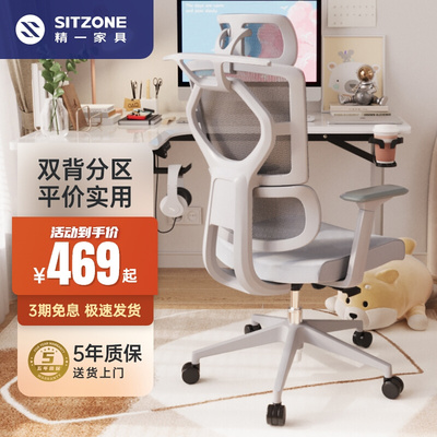 sitzone精一人体工学椅367电脑椅家用舒适久坐办公椅护腰靠背椅灰