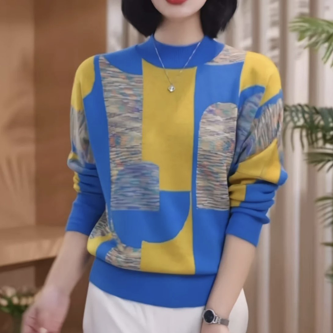 春季百搭拼色休闲洋气高档减龄针织衫圆领妈妈潮流显瘦外搭毛衣女