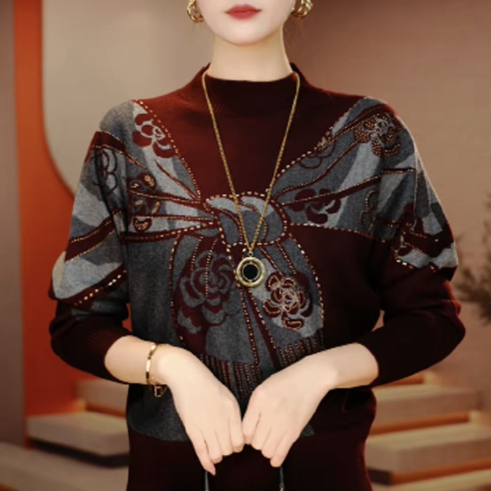秋冬季时尚潮流洋气圆领针织女衫中老年显瘦高端宽松显瘦毛衣打底
