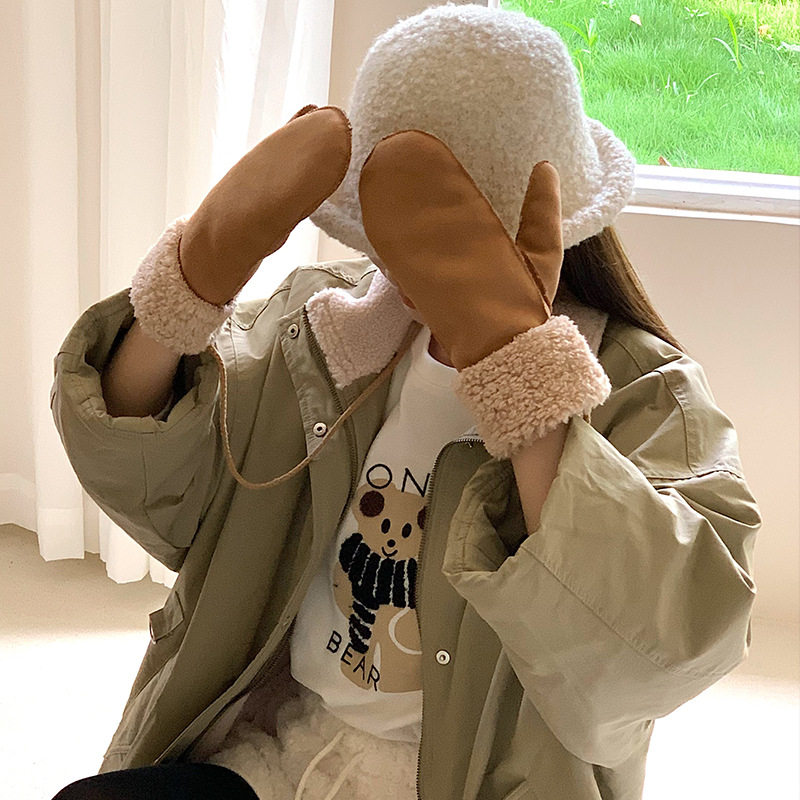 手套女冬季可爱韩版学生挂脖麂皮绒加绒加厚保暖防风骑车连指手套