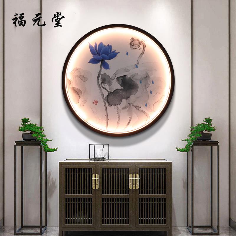 定制灯带圆形画框带灯实木卧室挂画木质灯光背景墙玄关装饰画图片
