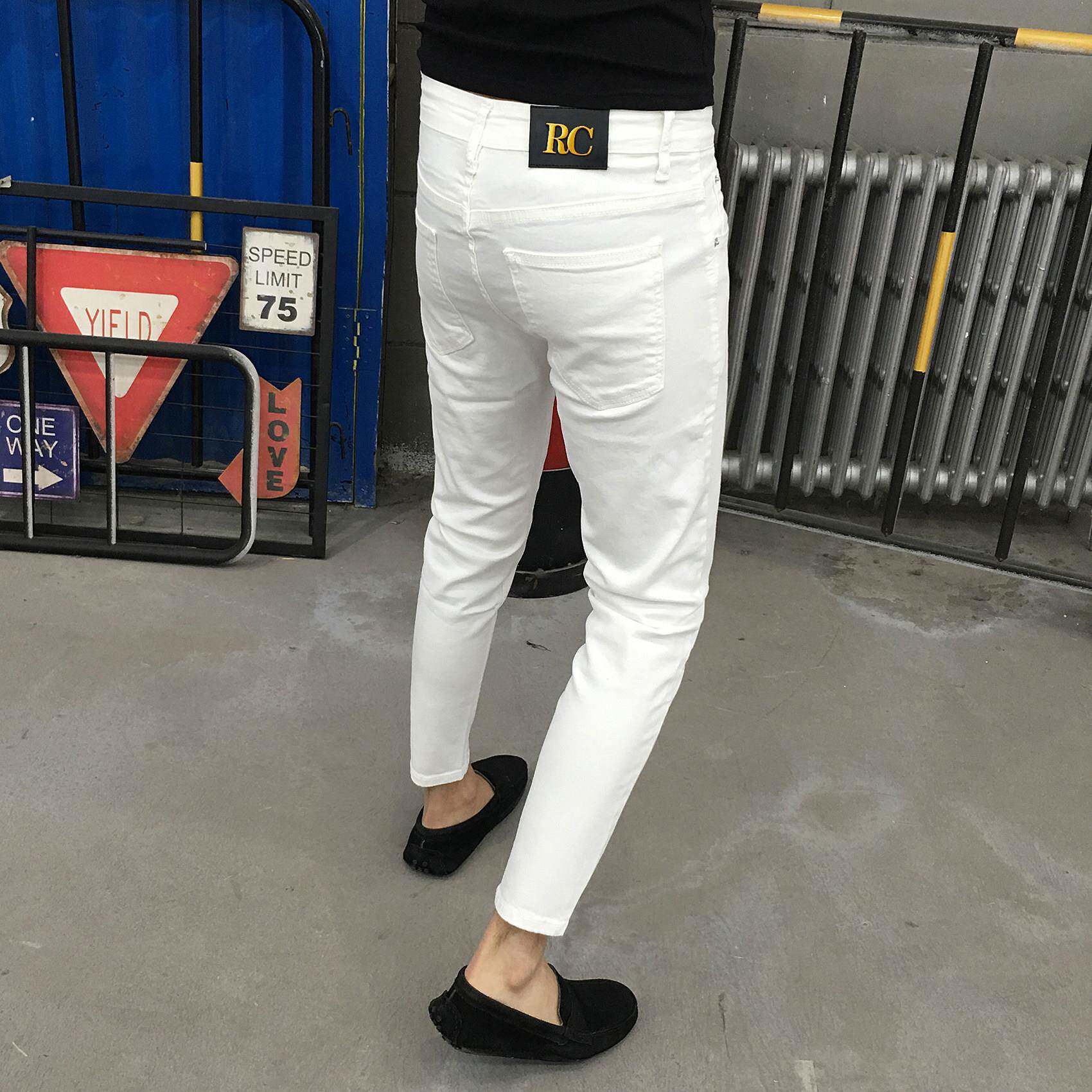 春夏季新款韩版潮流修身白色牛仔裤男小脚九分裤潮牌休闲百搭高端