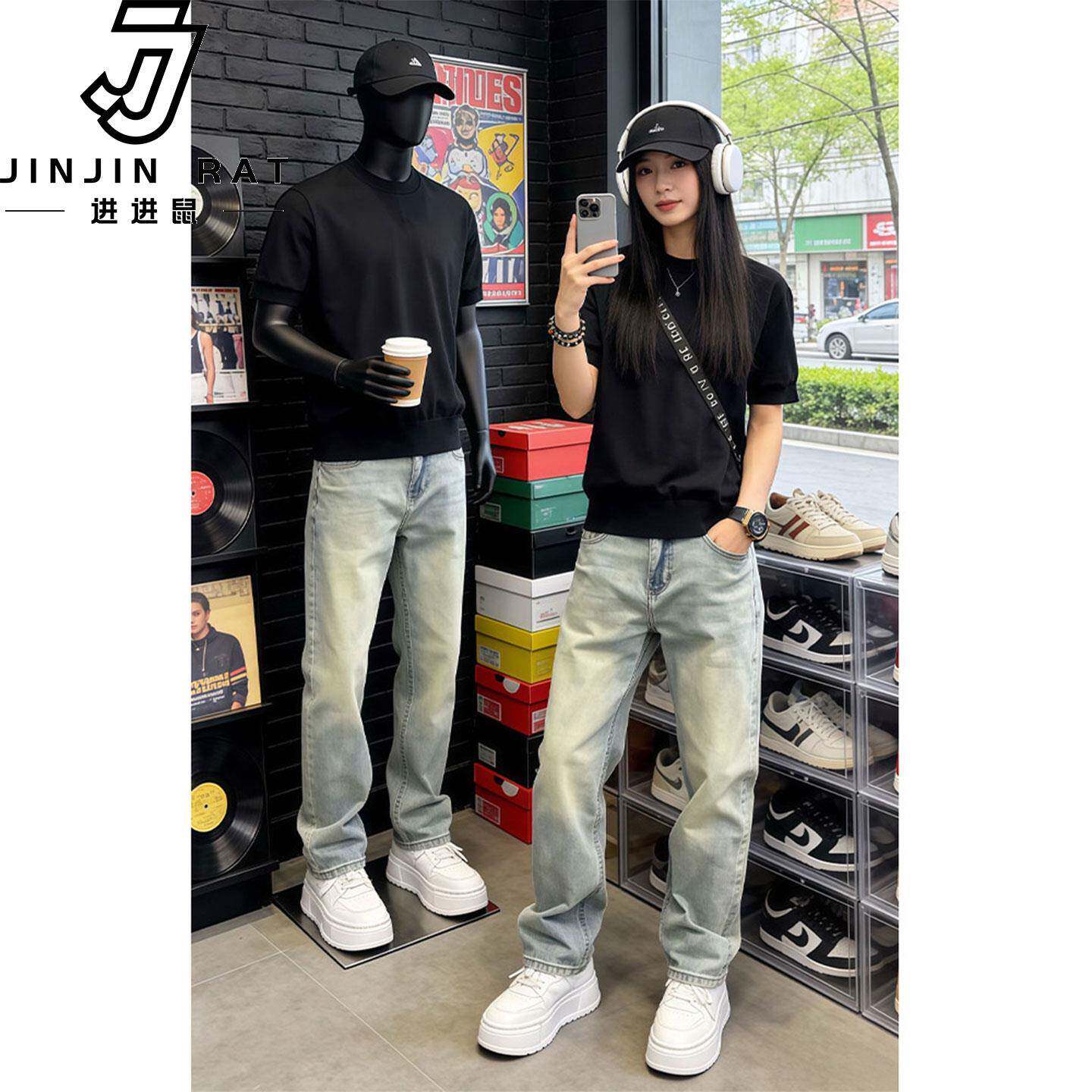 复古蓝JJSGJ202窄版修身牛仔男夏薄款美式帅高级裤感裤子vie显瘦