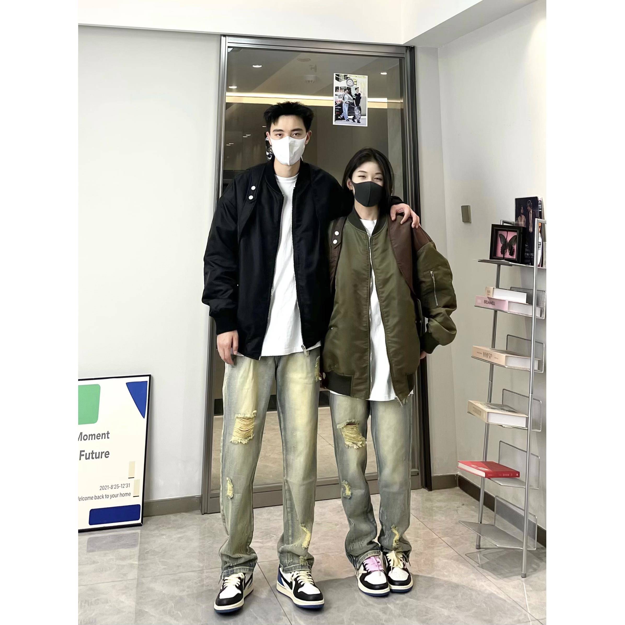 MDAG新款百搭筒高直显瘦不挑腿拉型水洗黄泥破洞链牛QET仔显裤情