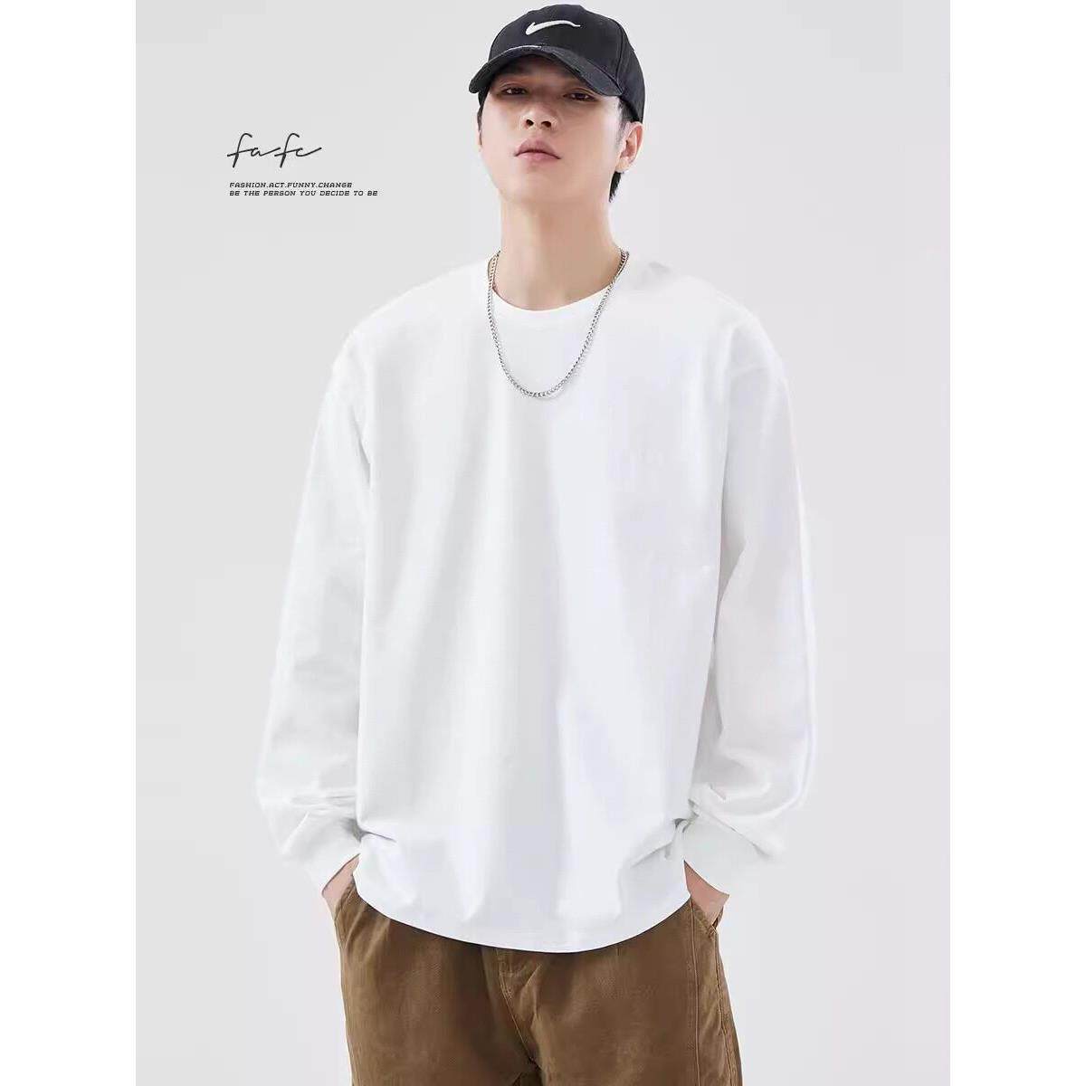 FAFC秋季重磅纯色长袖t恤男白色纯棉宽松圆领内搭打底衫上衣卫衣