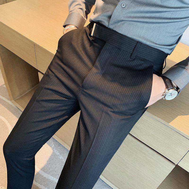 男士薄款西裤条纹西装裤子男修身小脚夏季九分裤潮流帅气休闲 长