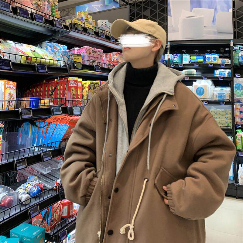 冬季加厚毛呢外套男款潮牌宽松连帽呢子大衣中长款假两件棉服男生