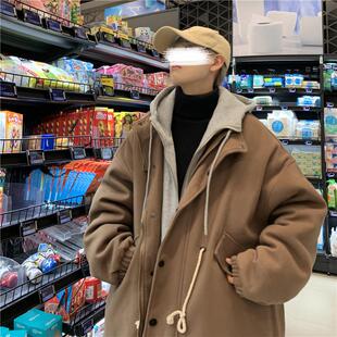 冬季加厚毛呢外套男款潮牌宽松连帽呢子大衣中长款假两件棉服男生