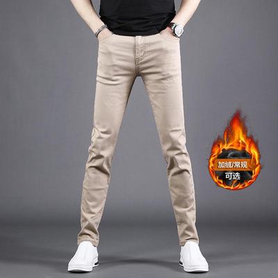 卡其色加绒加厚牛仔裤男款2024秋冬新款修身小脚弹力男士休闲裤子