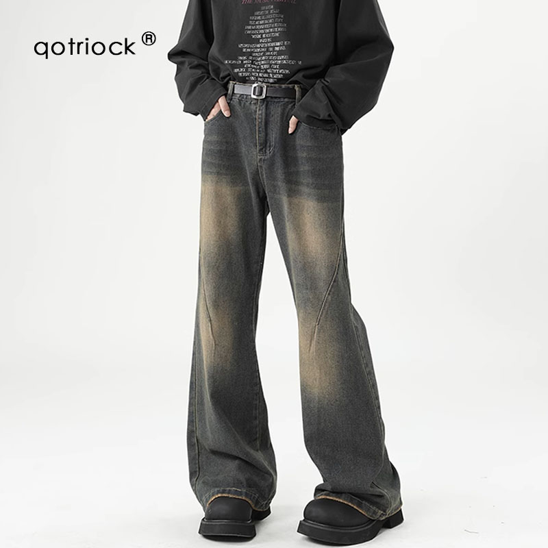 QOTRIOCK复古做旧牛仔裤男秋冬新款美式宽松微喇裤水洗休闲长裤潮