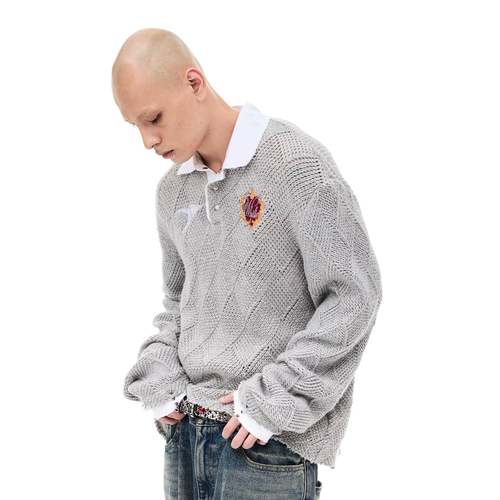 WHISTLEHUNTER(WSTHT)口哨猎人 针织菱形格opium拼材质刺绣POLO衫