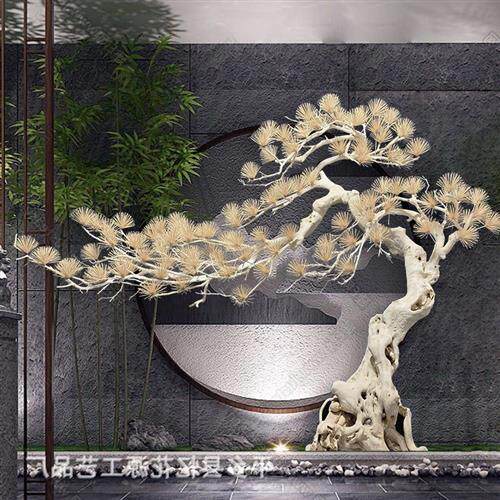 仿真松树大型室内装饰迎客松摆件实木雕刻假树盆景中式枯山水造景