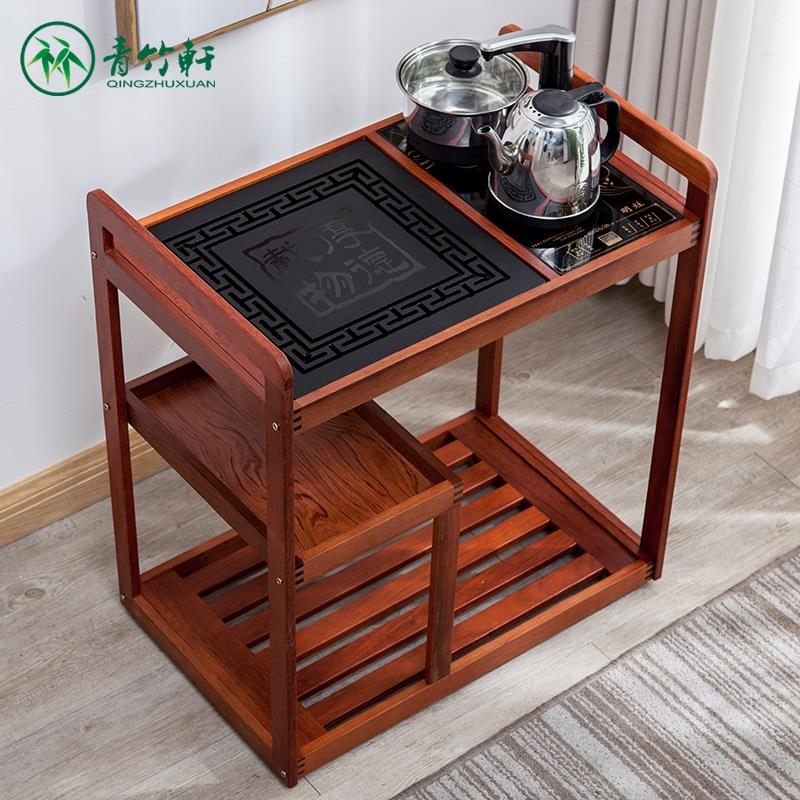 中式移动茶车家用实木小茶台乌金石茶盘自动电磁炉茶水柜泡茶桌