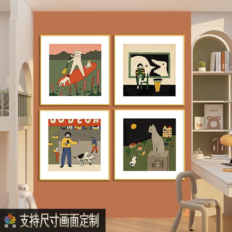 卡通抽象艺术正方形挂画民宿酒店房间床头画样板间卧室软装装饰画图片