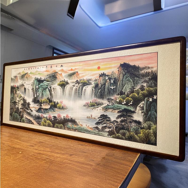旭日东升横幅纯手绘山水画 客厅背景墙装饰挂画办公室国画靠山图