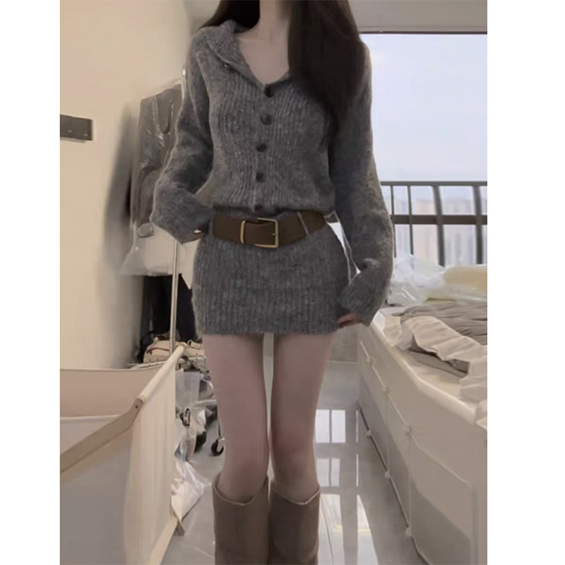 外贸出口转内销辣妹灰色针织连衣裙秋冬款冷淡系独特别致裙子韩版
