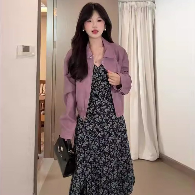 外贸出口转内销春秋季新款女士高级感紫色短款夹克皮衣外套碎花连