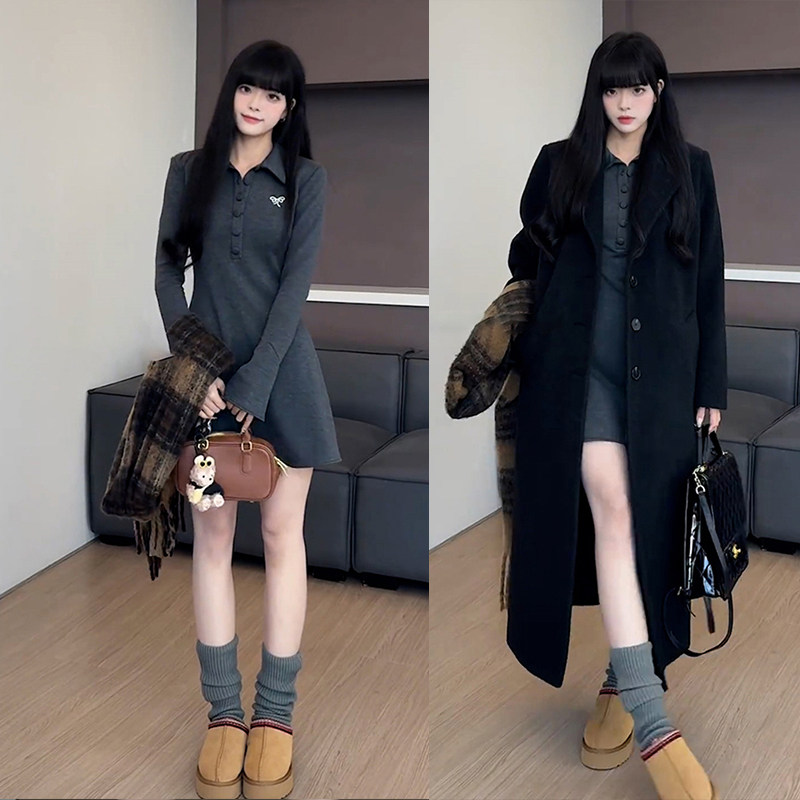 外贸出口转内销灰色polo领衬衫连衣裙子女秋冬季新款打底内搭修身