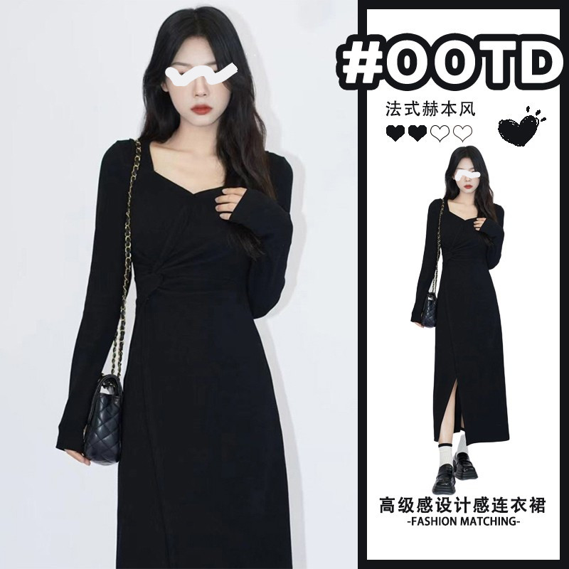 外贸出口转内销秋冬季新款法式极简赫本风连衣裙子女黑色打底长裙