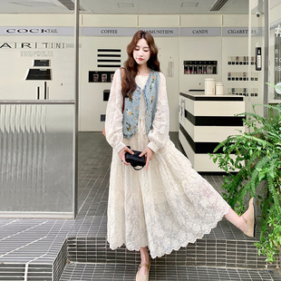 外贸出口转内销米白色温柔风刺绣连衣裙套装女秋法式复古牛仔马甲