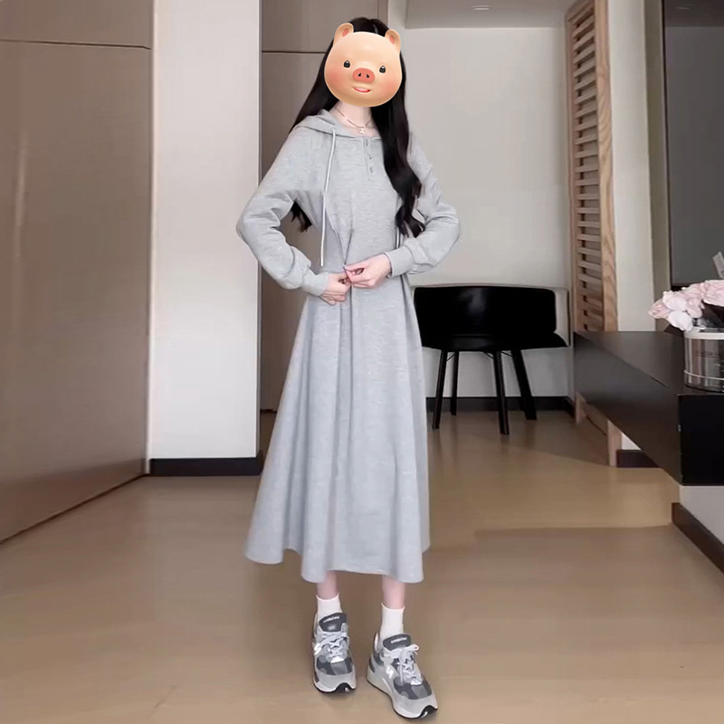 外贸出口转内销法式灰色长袖连帽卫衣连衣裙子女秋冬季新款收腰早