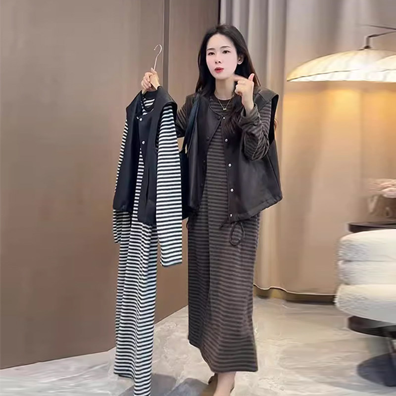 外贸出口转内销韩版时尚设计感休闲减龄长袖条纹连衣裙子女春秋季