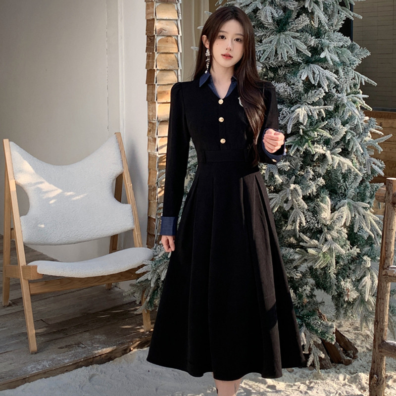 外贸出口转内销法式黑色假两件衬衫连衣裙子女秋冬季新款小个子赫