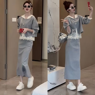 外贸出口转内销通勤小个子套装女秋季新款百搭短款马甲连帽蕾丝衫