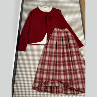 外贸出口转内销红色毛衣格子连衣裙子女秋冬季新款过穿搭新战袍套