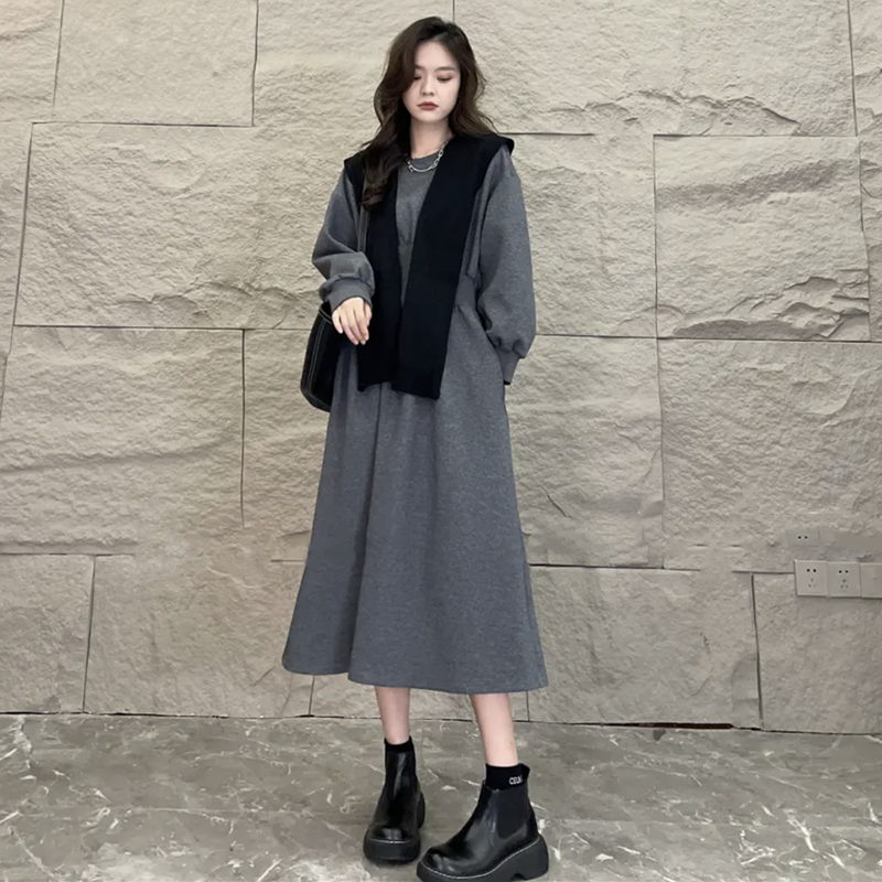 外贸出口转内销高级感收腰长袖连衣裙女秋季新款大码胖mm显瘦披肩
