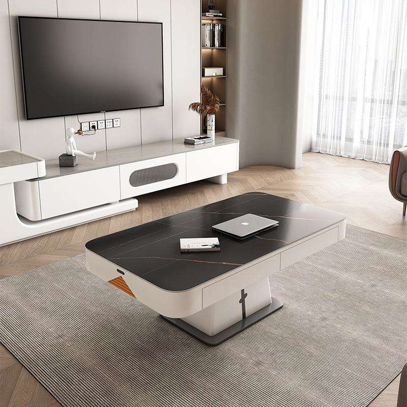 轻奢多功能声控升降岩板茶几现代家用小户型电动茶台餐桌一体两用