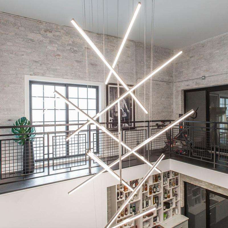 现代简约别墅挑空客厅复式楼梯灯具写字楼办公室线性长条工程吊灯
