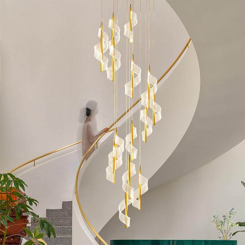 欧式轻奢钛金色复式楼房别墅客厅旋转楼梯大吊灯创意餐厅LED吊灯