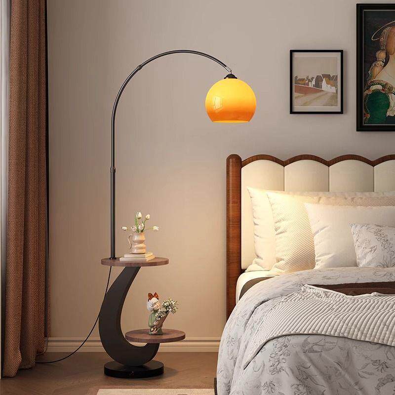 中古风柚子落地灯客厅沙发旁氛围感茶几美式复古卧室床头柜一体灯