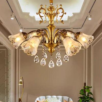 欧式卧室客厅全铜吊灯简约家用单层6头餐厅书房led水晶灯9308